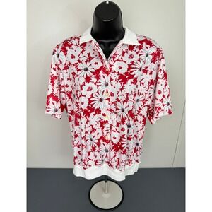 Act III Top Women Large Red White Floral Daisy Button Front Short Sleeve
